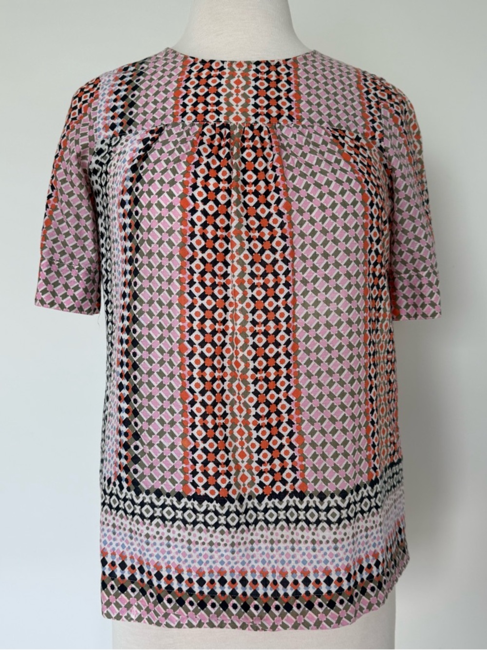 J. Crew Short Sleeve Geometric Print Top in Pink, Orange and Black